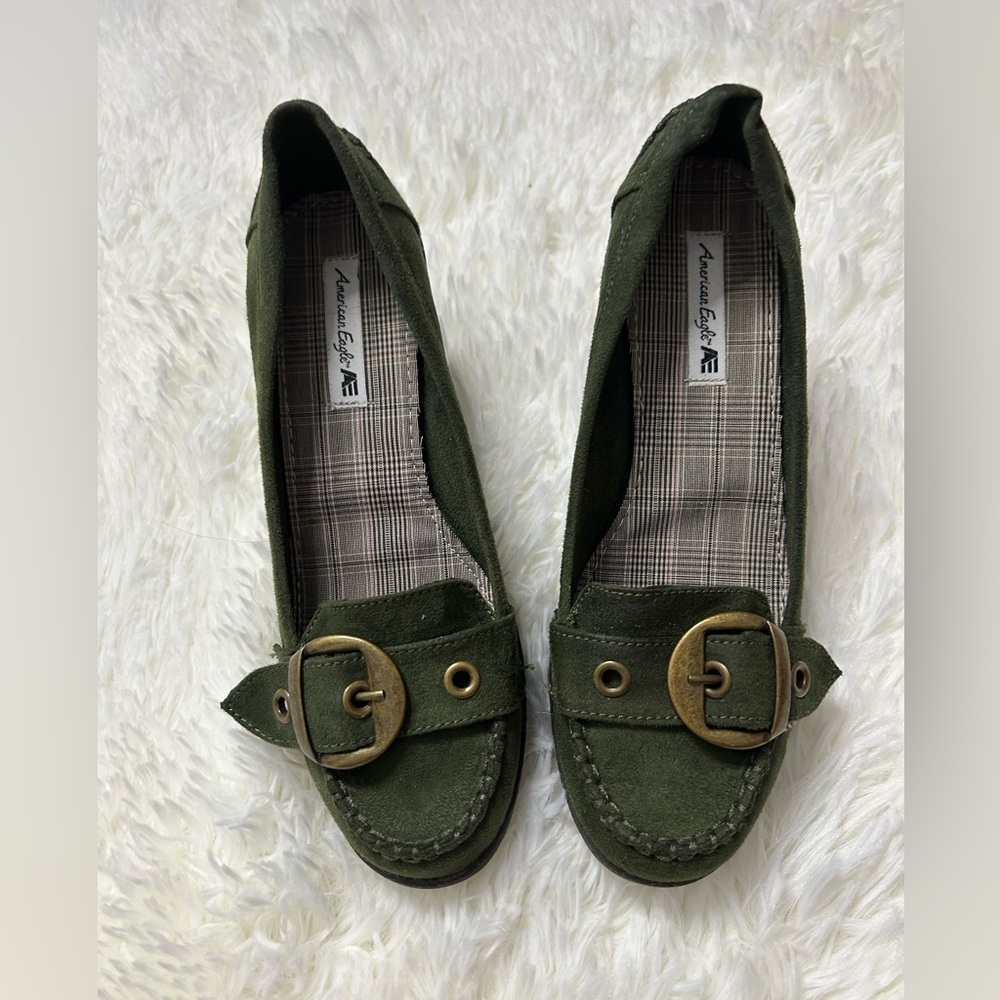 Vintage American Eagle Olive Green Suede Loafers w/ Brass Buckle — Women’s - Picture 2 of 7